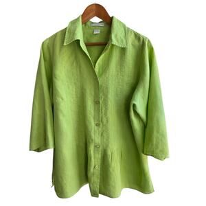 TWEEDS Top Womens 1X Green 100% Linen Preppy Coastal Beachy Resort Wear